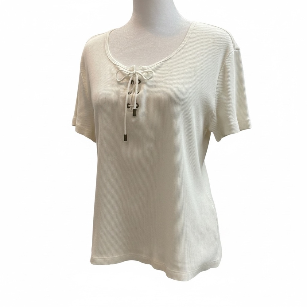 Casual Corner Women's LP Ivory Lace-Up Short Sleeve ribbed lace up neckline Tee